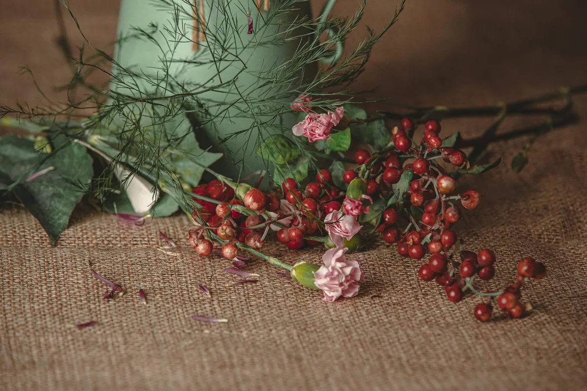 Nahaufnahme von rosa Nelken und roten Beeren in einem schicken floralen Stillleben.