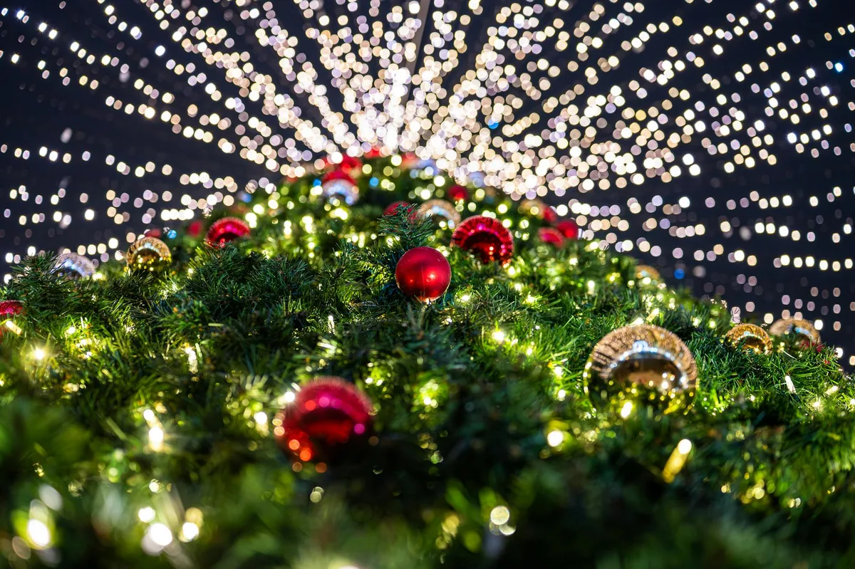 Árvore de Natal decorada com luzes e enfeites criando atmosfera festiva