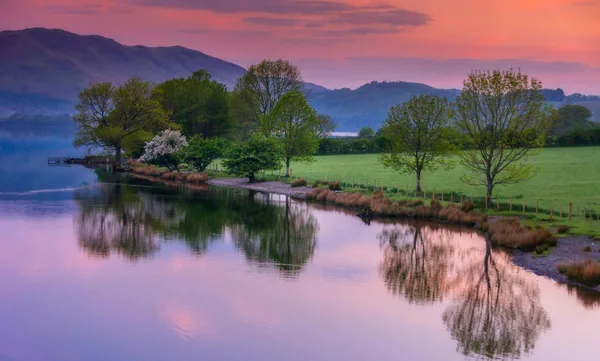 夕日と湖面に映る木々の反映が美しい絶景