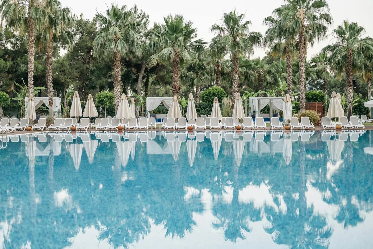 Piscina resort serena circondata da palme e lettini