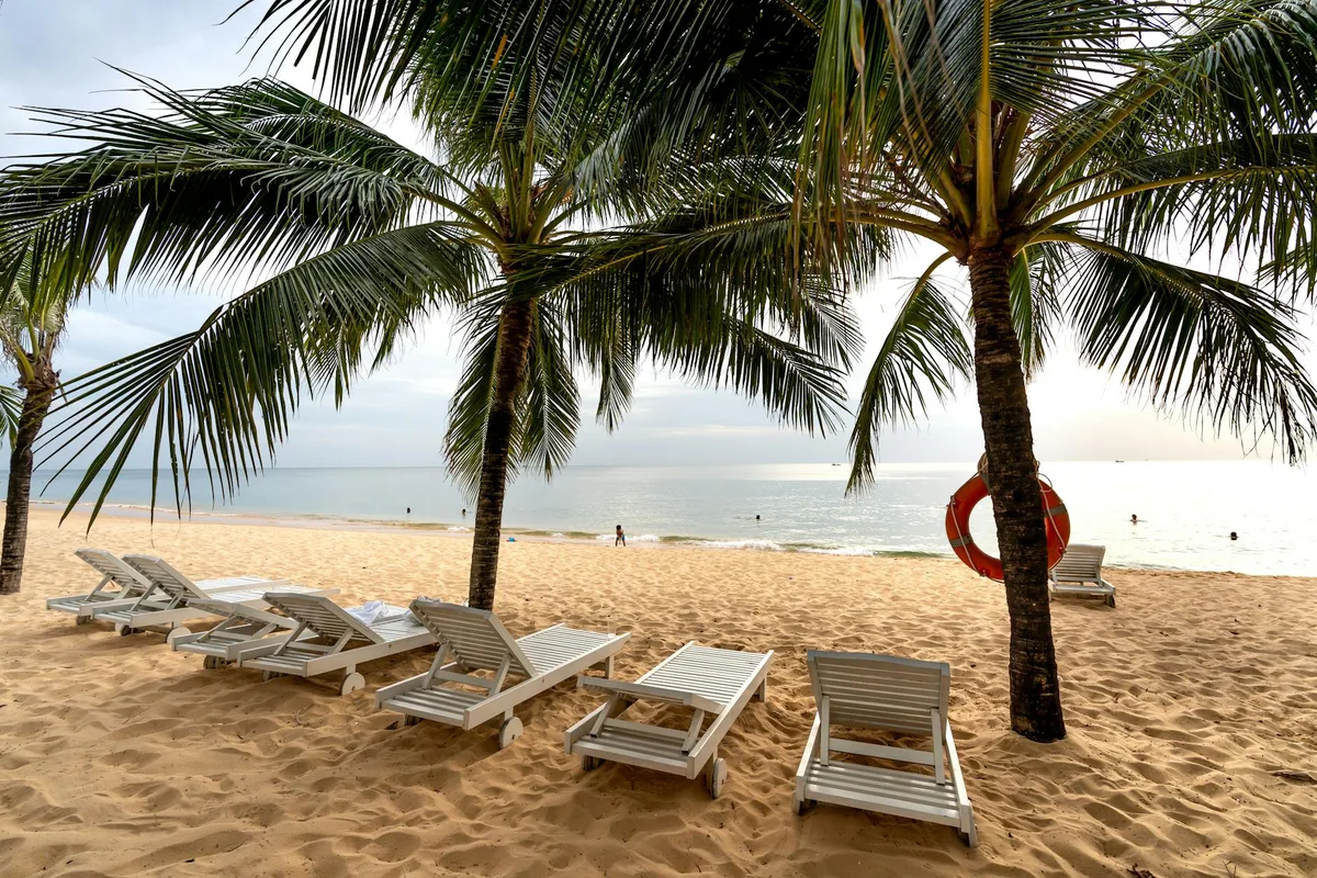 Спокойный тропический пляж с пальмами, шезлонгами и видом на тихий океан