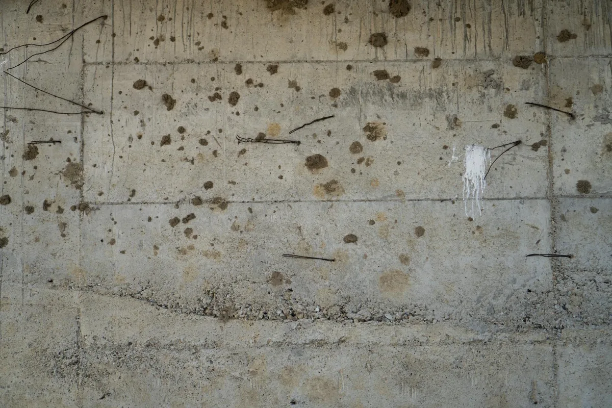 Detailansicht einer verwitterten Betonwand mit freiliegender Bewehrung, die industrielle Texturen zeigt