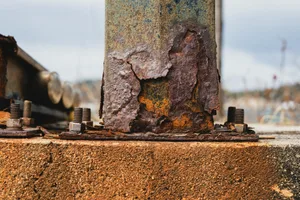 Detailed image of corroded metal with visible rust and bolts outdoors.