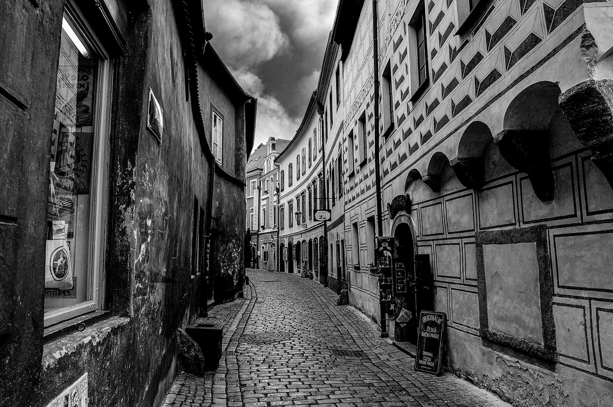 Foto artistica in bianco e nero di uno stretto vicolo storico in ciottoli con facciate vintage.