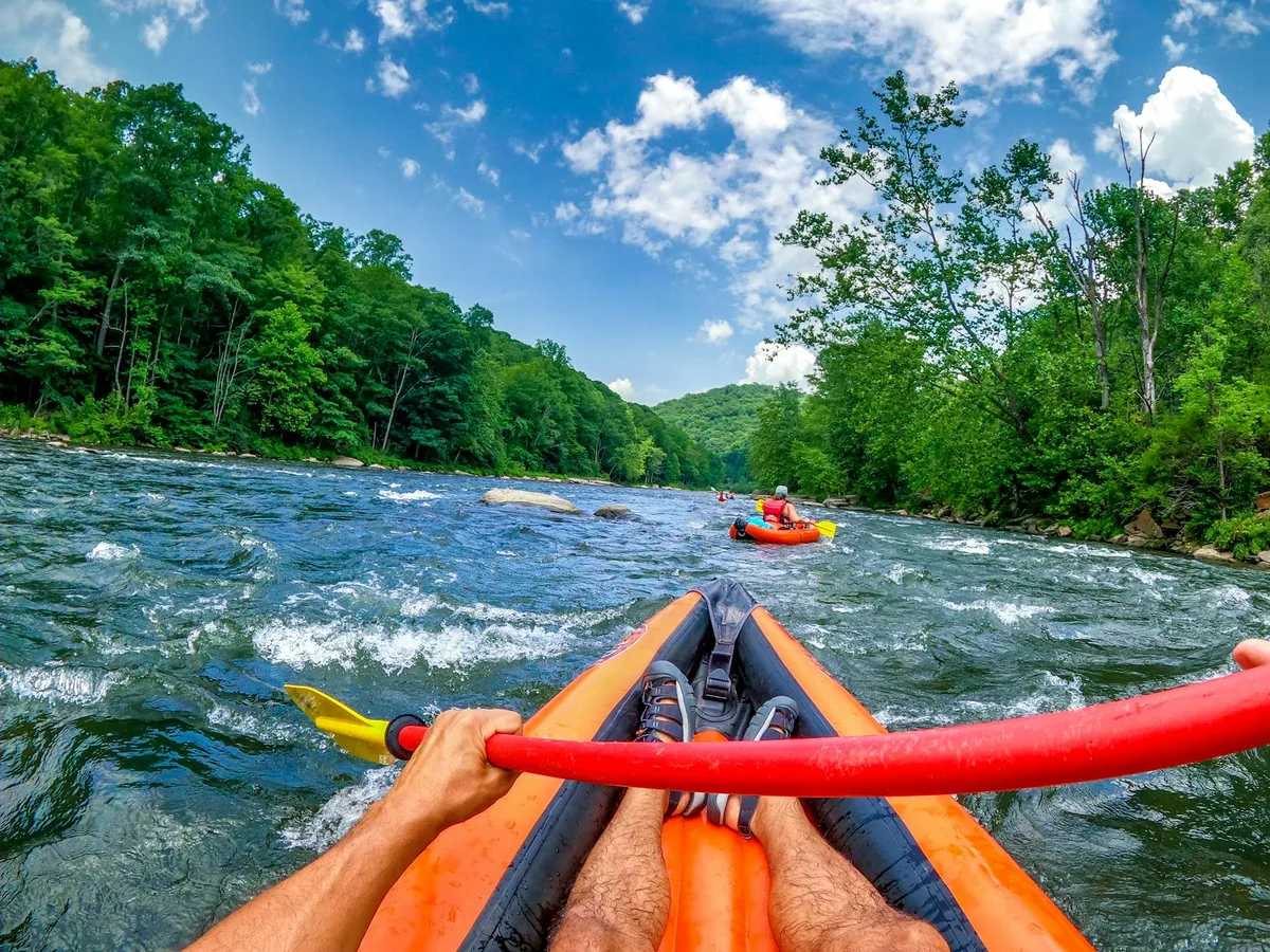 Kayak emozionante sul fiume Youghiogheny a Ohiopyle, PA con vegetazione