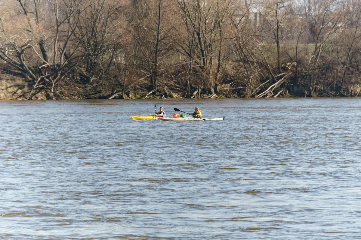 Drei Kajakfahrer genießen eine friedliche Fahrt auf einem Warschauer See umgeben von Herbstbäumen