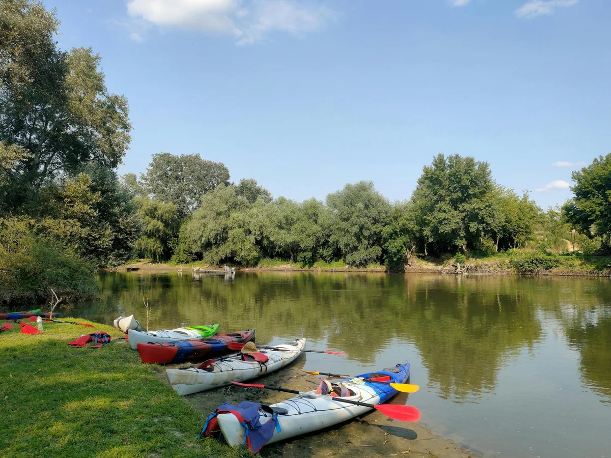 Rivière paisible avec kayaks colorés et verdure luxuriante sous un ciel clair
