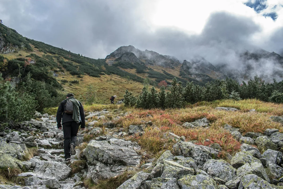 Due escursionisti su un sentiero roccioso in un paesaggio montano con verde vivace