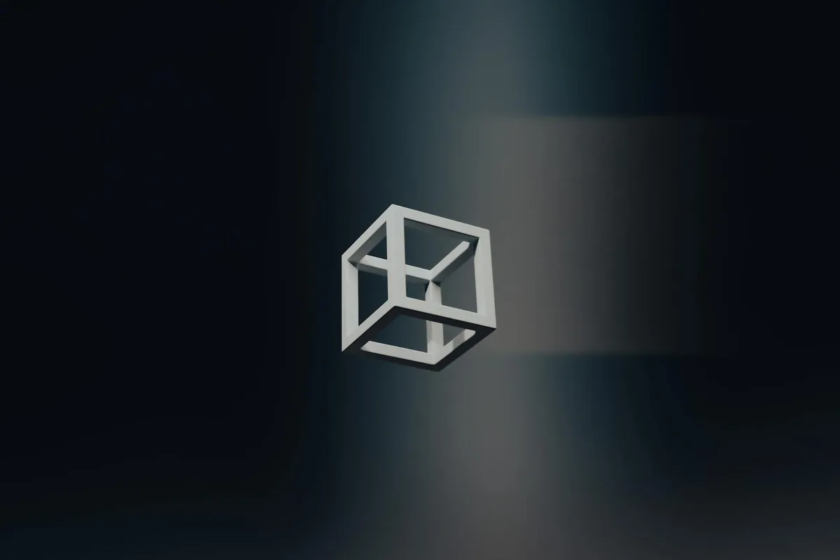 Cubo 3D minimalista fluttuante in spazio scuro, tema astratto.