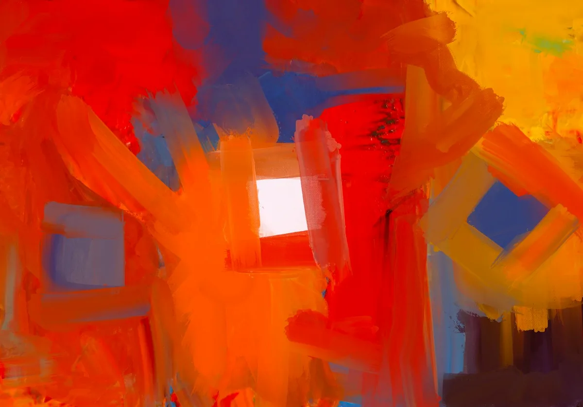 대담한 브러시 스트로크의 추상 아크릴 페인팅, 레드 오렌지 블루 톤
