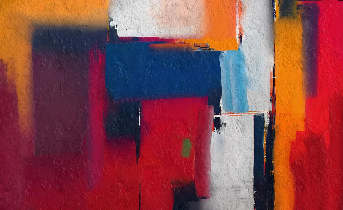 Opera astratta colorata con toni audaci rosso, blu, arancione e bianco