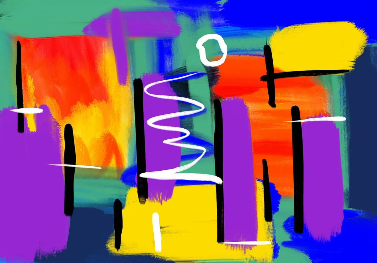 Opera astratta dinamica con colori audaci e pennellate espressive per un tocco artistico moderno