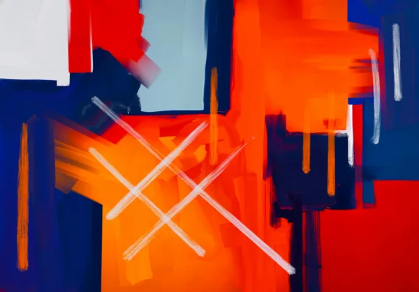 Dynamic abstract painting featuring bold reds, blues, and oranges with striking geometric shapes.