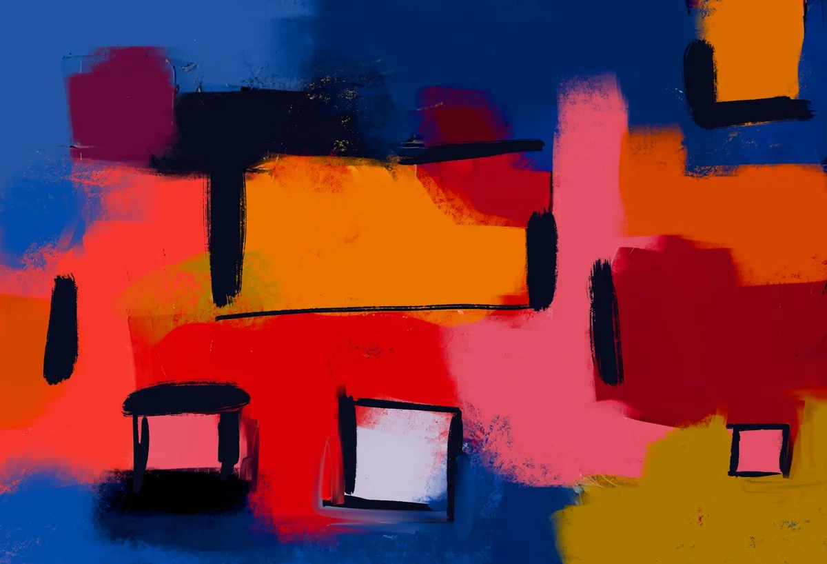 Dynamische abstrakte Malerei mit kräftigen Farben und Pinselstrichen für Kunstliebhaber