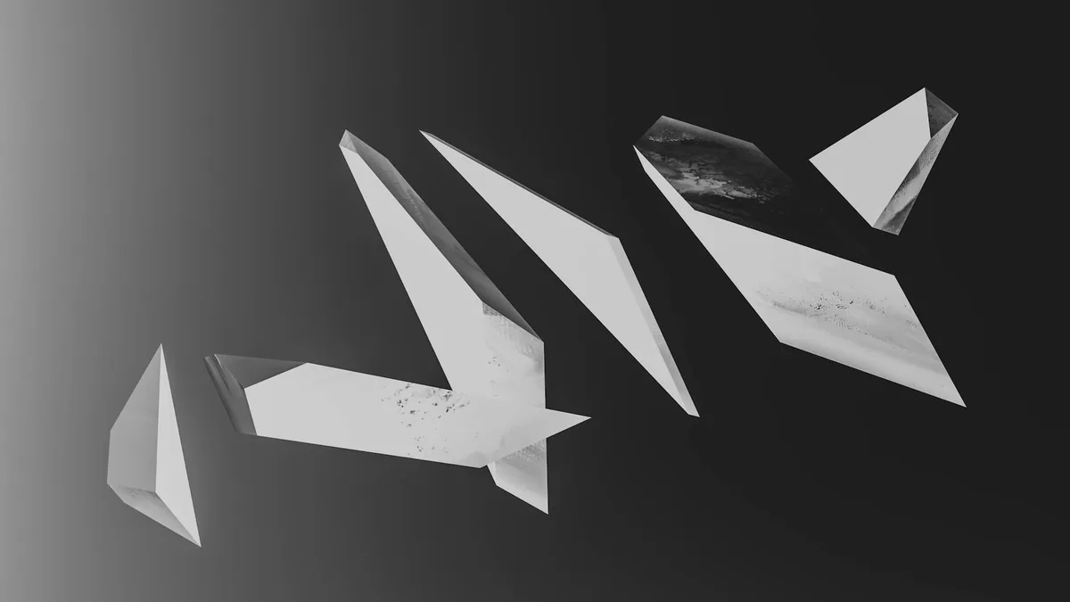 Dynamische Anordnung abstrakter geometrischer Formen auf schwarzem Hintergrund