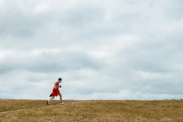 Adult male jogging on a grassy trail during the day with overcast skies. Ideal for fitness and lifestyle themes.