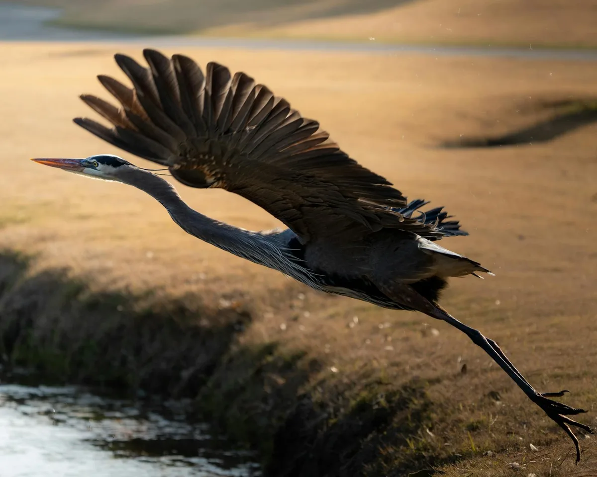 Eine beeindruckende Aufnahme eines Kanadareihers im Flug über einem ruhigen Gewässer.